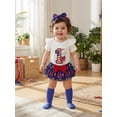thumbnail image 3 of Lairauiy Toddler Baby Girls 4th of July Outfits 3 6 9 12 18 Months Letter Bow Print Short Sleeves Romper and Layered Ruffles Shorts Cute Headband Socks, 3 of 9
