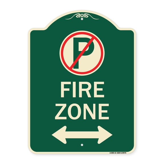 SignMission Designer Series Sign - Fire Zone (No Parking Symbol and Arrow Pointing Left and Right) | Green & Tan 18" x 24" Heavy-Gauge Aluminum Architectural Sign | Made in the USA
