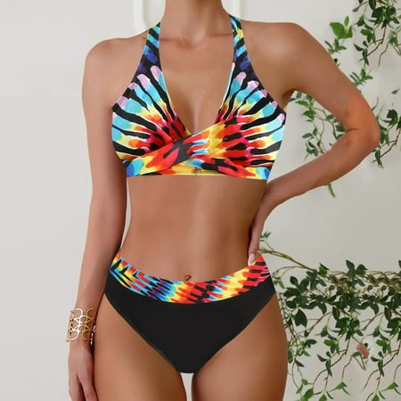 Hipattires Womens Two Piece Swimsuits Comfy Clearance Under $5 Bikini Sets Yellow Print Swimwear Oversized Athletic Ladies Bathing Suits