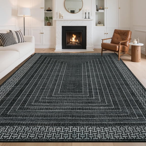 9x12 Washable Geometric Non-Slip Low Pile Area Rug for Living Room, Black