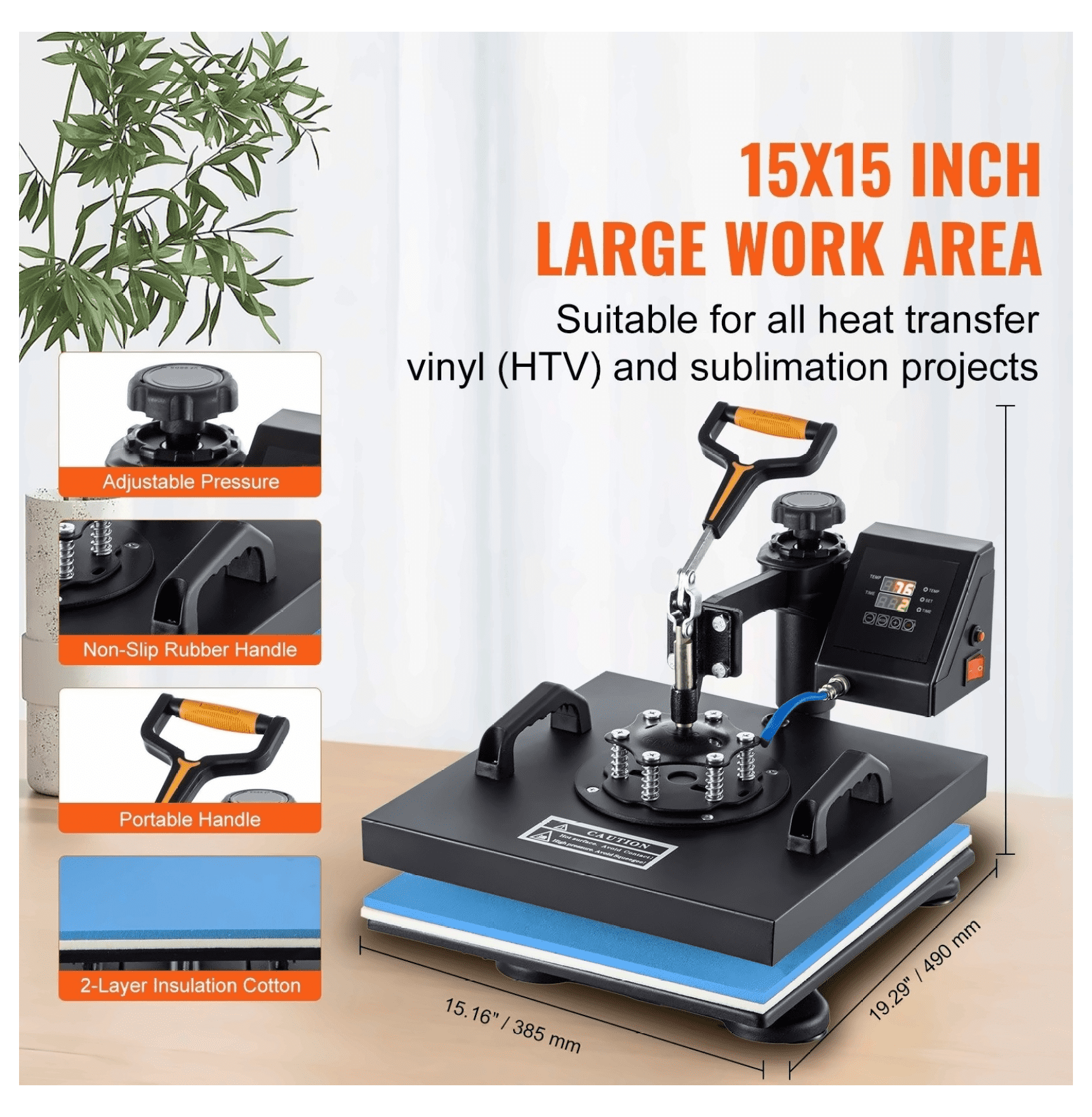 15x15 5 in 1 Heat Press Machine - Digital Sublimation Iron for T-Shirts, Mugs, Caps, Plates - DIY Craft Press