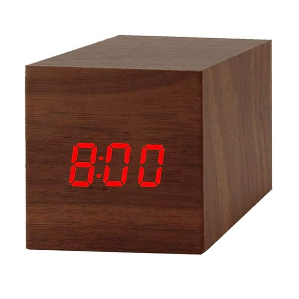 Digital Alarm Clock, Wood LED Light Mini Modern Cube Desk Alarm Clock