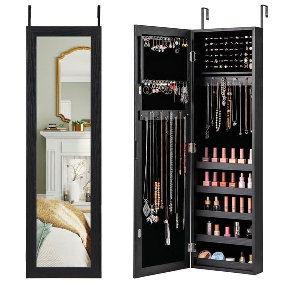 YYAo Jewelry Amoire Cabinet with Full-Length Mirror, Wall or Door Mounted Jewelry Chest Jewelry Boxes for Bedroom, Living Room, Closet, Black