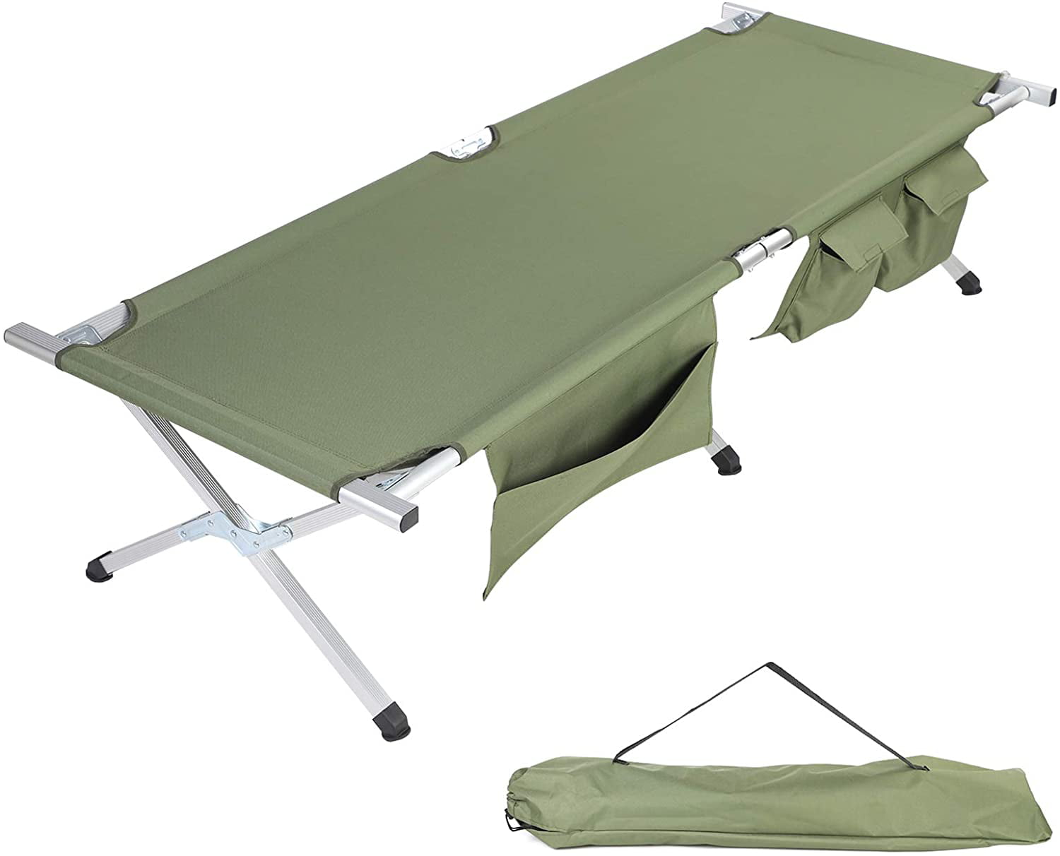 Military Style Aluminium Black Camp Bed side pocket Lightweight and Strong