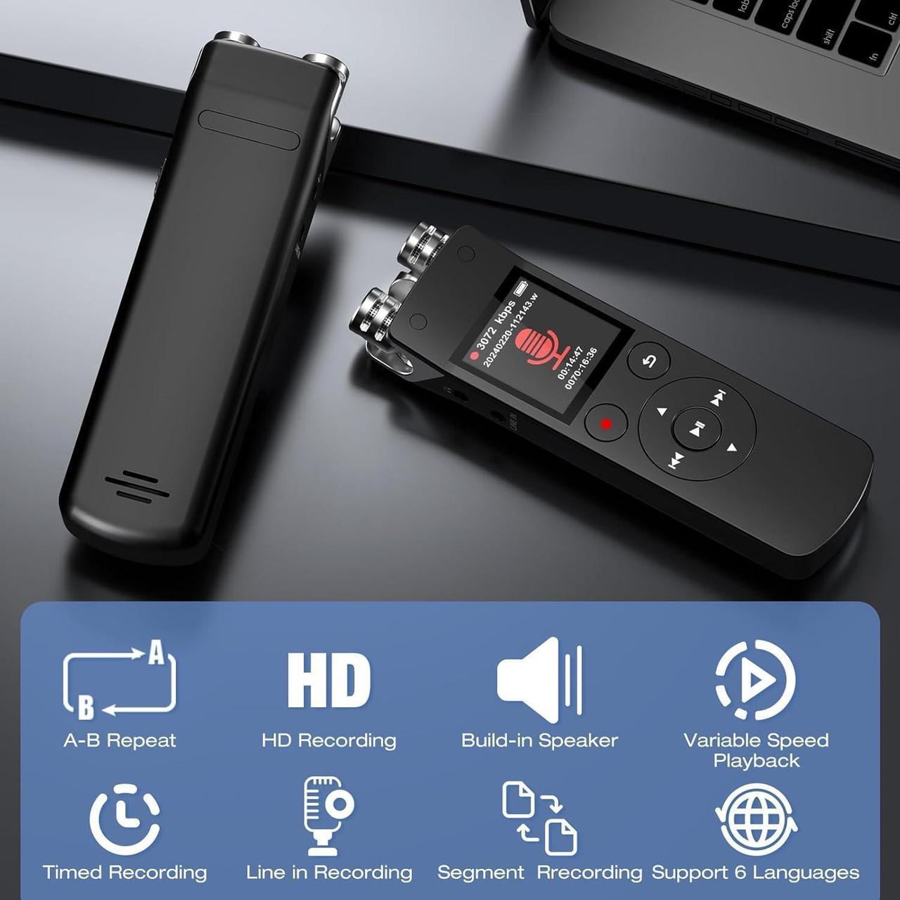 128GB Voice Recorder, Digital Voice Activated Recorder with Playback, 3072kbps Audio Recorder Dictaphone for Meetings Interviews, HD Recording, Variable Speed, A-B Repeat, Large Screen