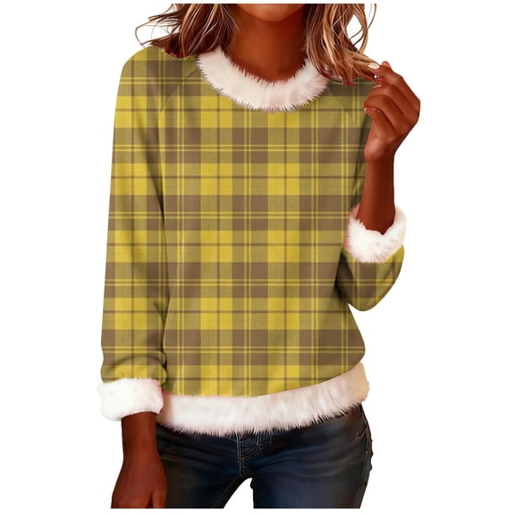 BUIGTTKLOP Christmas Sweatshirts for Women Fuzzy Fleece Trim V Neck Shirt Dressy Casual Graphic Print Tops