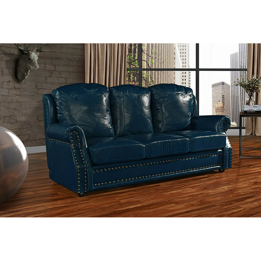Leather Sofa 3 Seater, Living Room Couch with Nailhead Trim (Blue)