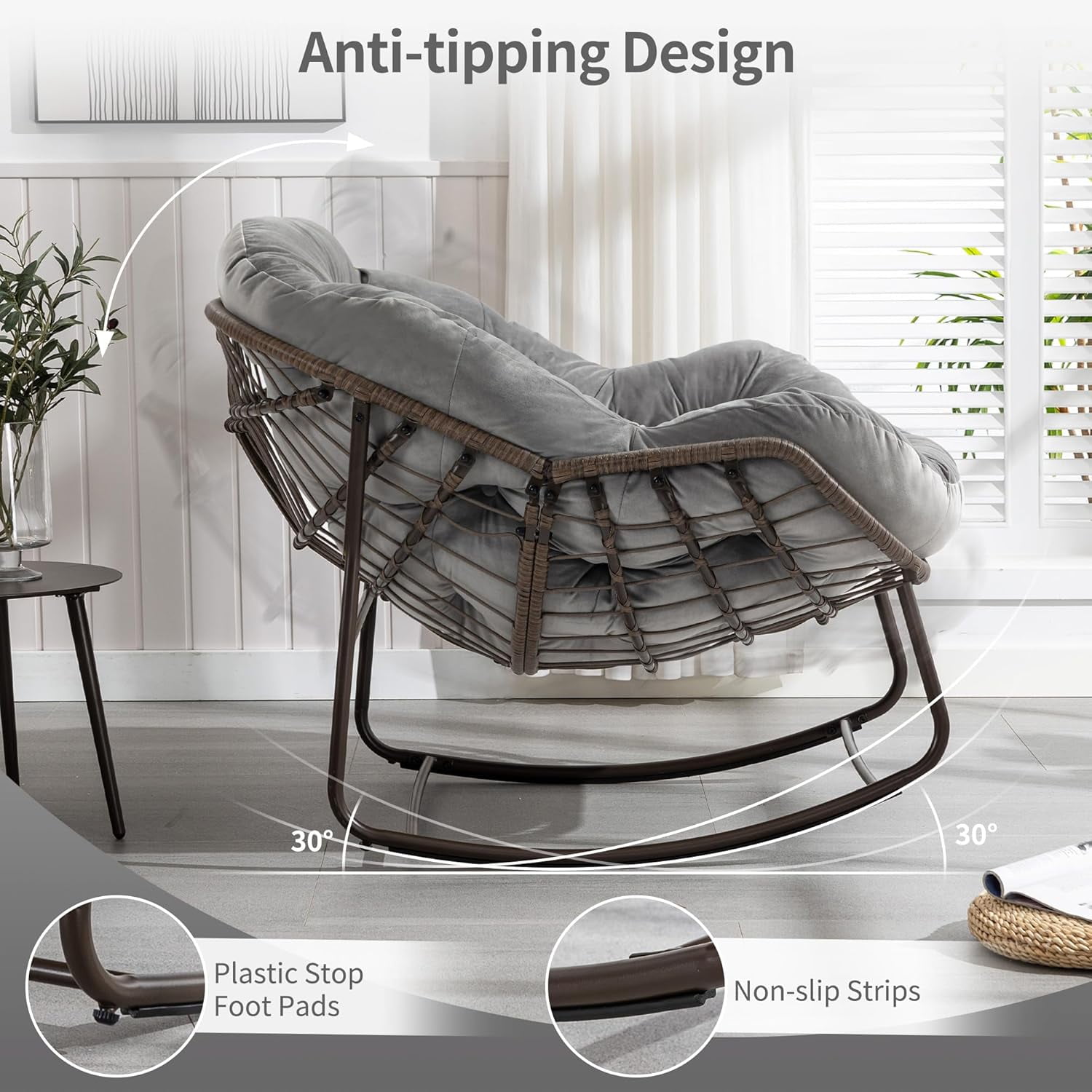 MOONMISS Outdoor Patio Rattan Oversized Rocking Chairs Set of 2 with Velvet Padded Cushion-Light Gray