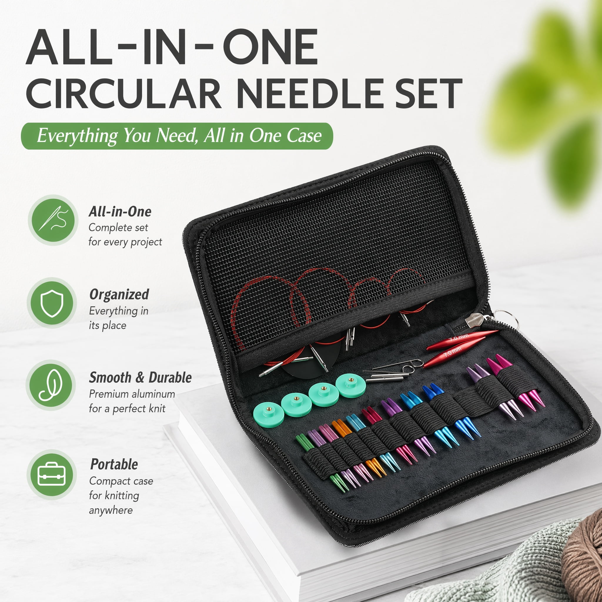 Short Interchangeable Knitting Needles Set, 2-Inch Circular Needles Kit with 12 Sizes and and Flexible Cables for Socks, Hats and Sweaters