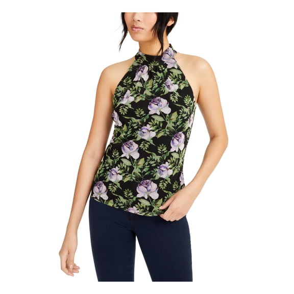 INC Womens Black Sheer Floral Sleeveless Halter Top L