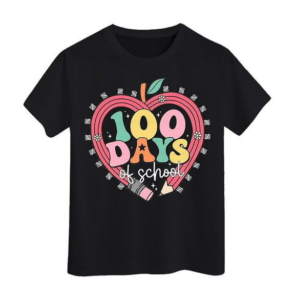 Toddler Girls Tops & T-Shirts 100 Days Of School Print Round Neck Loose Short Sleeve Fashion Casual Tee Shirts Sportwear,Black,3-4 Years