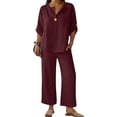 thumbnail image 4 of Women's 2 Piece Lounge Set, 3/4 Sleeve V Neck Casual Top and Wide Leg Pants, Soft Material Matching Outfit for Daily Wear, Beach Travel and Relaxation-Wine, 4 of 7