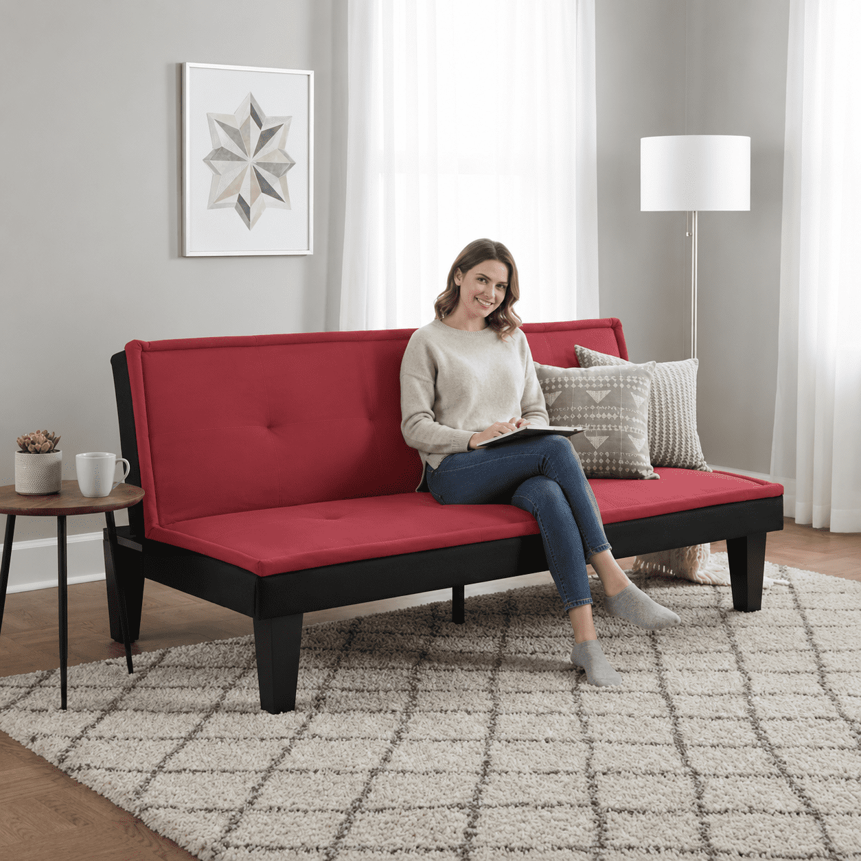 BSHTI 62.99" Faux Suede Upholstered Modern Futon Sofa Bed with Adjustable Back, Tufted Design for Living Room(Dark Red)