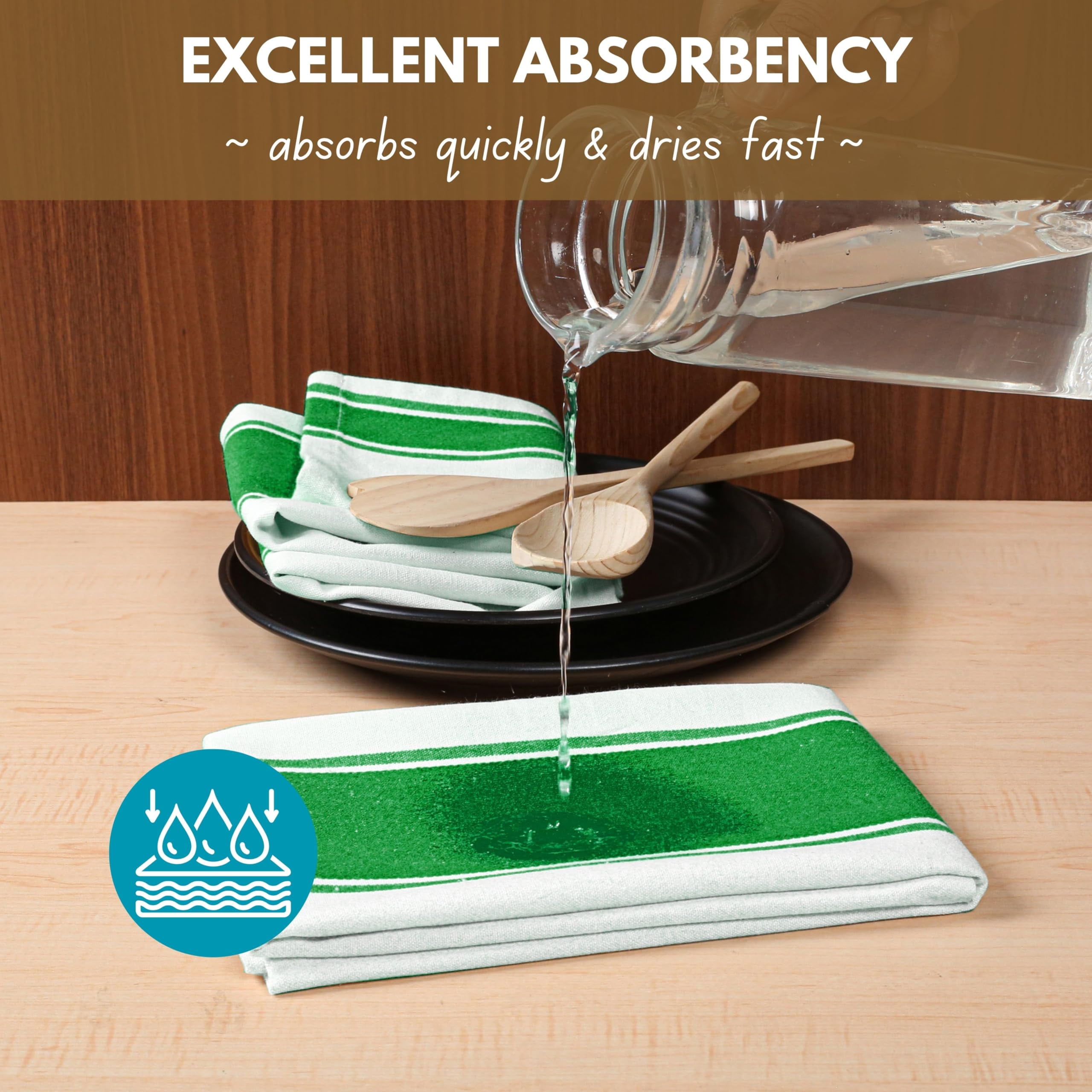 Native Fab Green Kitchen Towels 18 x 28 Inch, 12 Pack, Wide Stripe, Super Absorbent, Fast Dry, Soft, Cotton Dish Towels for Wiping Hands, Drying Dishes, Counter Cleaning Dish Cloth Set - Green
