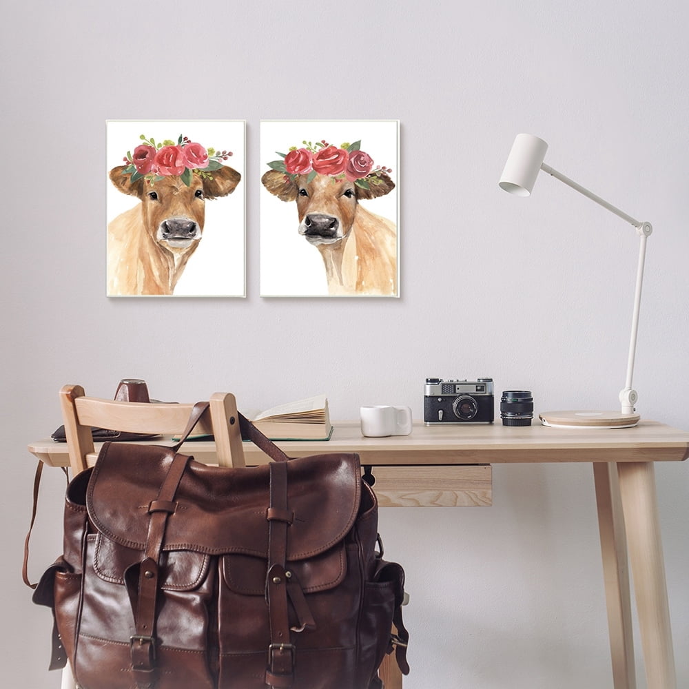 Stupell Industries Rose Flower Crown Cow Portrait Floral Farm Wall Plaque by Annie Warren