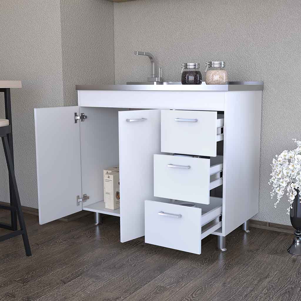 Izzovium Utility Sink Kisco Kitchen Cabinet with Two-Door & Three Drawers, 20.67"L x 39.37"W x 35.43"H, White Particle Board, Easy Assembly, Faucet Hole Included