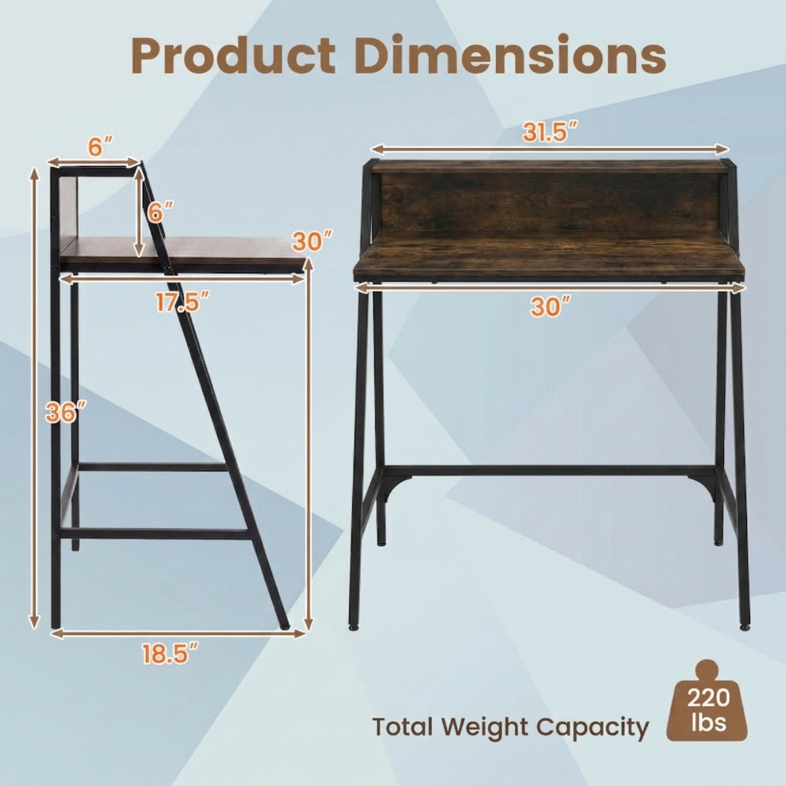 Furnibear Small Desk 31.5 Inch Industrial Writing Desk with Raised Shelf and Metal Frame, Space-Saving Home Office Computer Desk, Rustic Brown