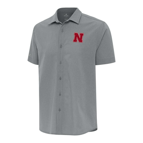 Men's Antigua  Gray Nebraska Huskers Activate Woven Short Sleeve Button-Down Shirt