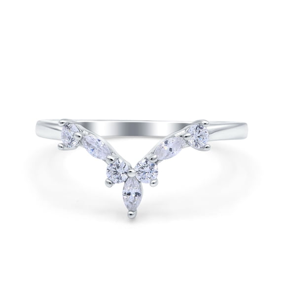 Simulated Cubic Zirconia Size-5 Curved Marquise Art Deco Wedding Engagement Band Half Eternity Stackable Ring 925 Sterling Silver