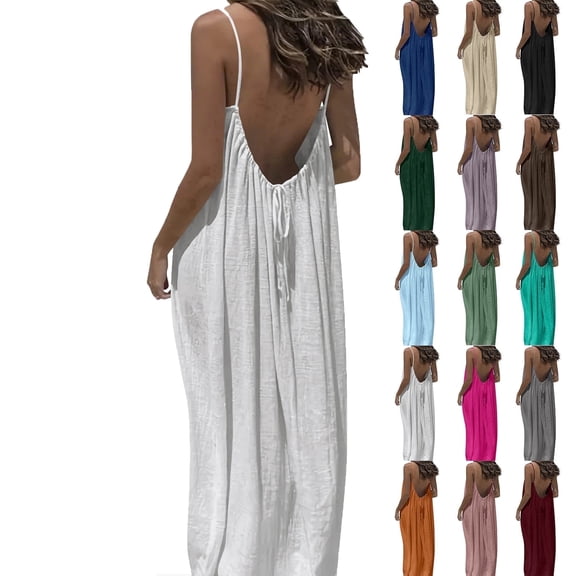 Elvqul Womens Nightdress Plus Size Pullover Summer Cami Dress Sleeveless Vacation Roundneck Solid Long Dresses for Women Backless