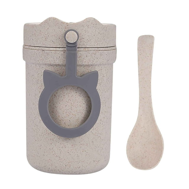 Vaso de Viaje con Cuchara, Portátil para Microondas, con Asa Aislante, Gran Capacidad para Cereales y Leche, Cuchara con Pajita Fácil de Limpiar, Ideal para Estudiantes, Tamaño 7 X 7,6 X 12