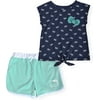 Hello Kitty Girls 2-Piece Fashion Tee Shirt and Active Short Set with Tie Front Top and Fashion Dolphin Shorts Summer Clothes