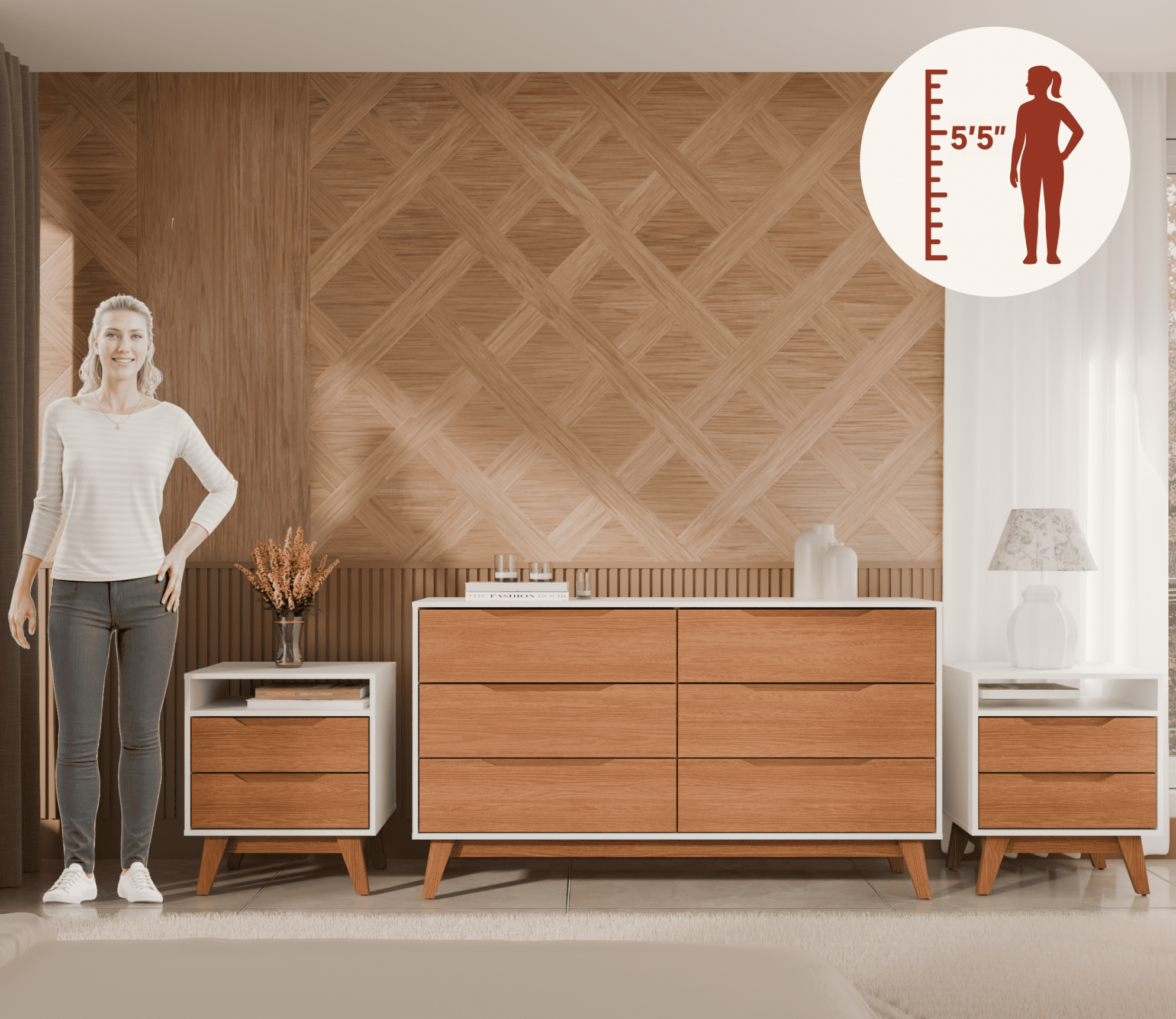 Kappesberg Bedroom Furniture Set with 6-Drawer Dresser and 2 Nightstands White/Golden Oak – Modern Storage Combo