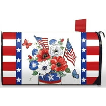 4th of July Patriotic Anemone Flower Mailbox Cover Magnetic Standard Size 21" x 18", America USA Red White Blue Floral Post Letter Box Wrap Decor American Flag Garden Yard Outdoor Decoration