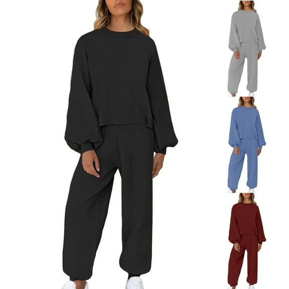 2 Piece Plus Size Sets for Women Fall Versatile Round Neck Long Sleeve Loose Pants Set For Women