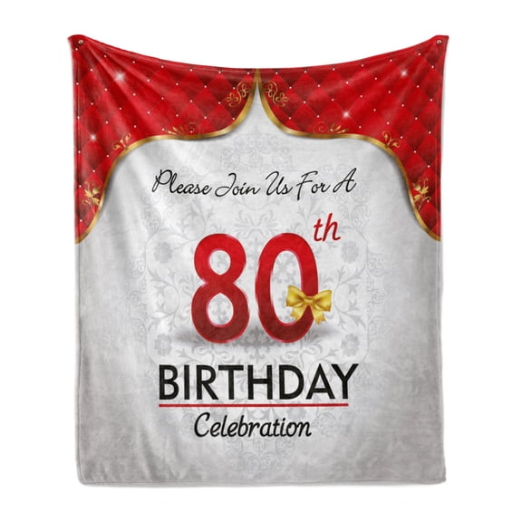 80th Birthday Soft Flannel Fleece Throw Blanket, Birthday Party Invitation with Abstract Floral Backdrop for Elderly People, Cozy Plush for Indoor and Outdoor Use, 60" x 80", Multicolor, by Ambesonne