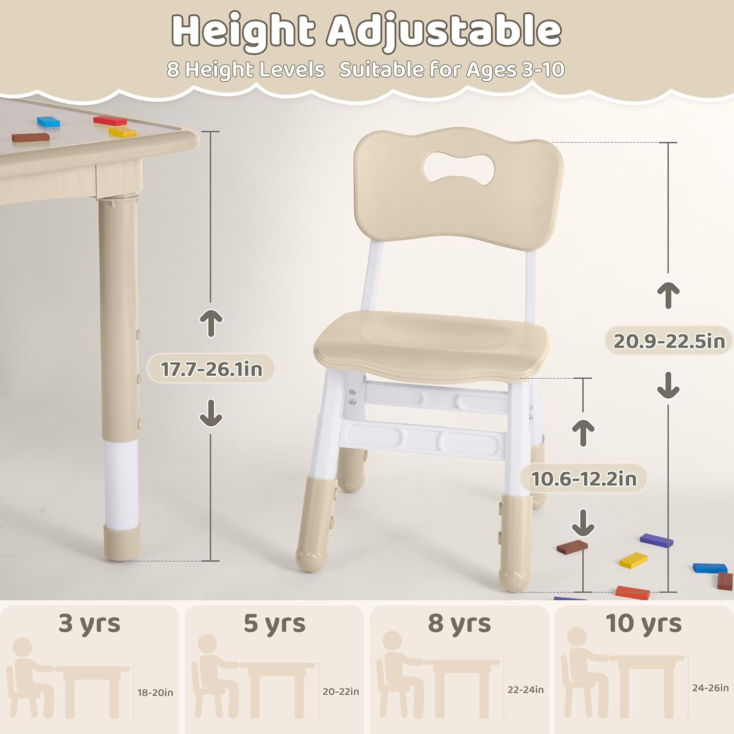 Kids Table and 4 Chairs Set, Height Adjustable (17.7"-26.1") Toddler Table and Chair Set, Multi-Activity Table with Graffiti Desktop, Children’s Table and Chairs for Classroom, Home & Daycare
