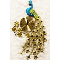 35"H Large Peacock Bird Iris Train Colorful Gold Plated Metal Analog Wall Clock