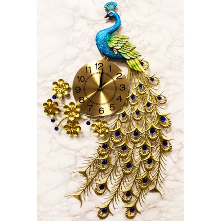 35H Large Peacock Bird Iris Train Colorful Gold Plated Metal Analog Wall Clock