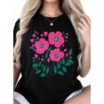 thumbnail image 6 of Women's T-Shirt Simple Cartoon Pink Flower Green Leaf Short Sleeve Casual Tee Classic Crew Neck T Shirt for Women Black, M, 6 of 7
