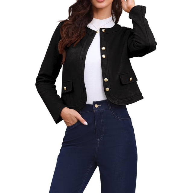 Abrigo de botón hacia abajo INSPIRE CHIC para mujeres, con mangas largas, cuello redondo, chaquetas vintage, negro