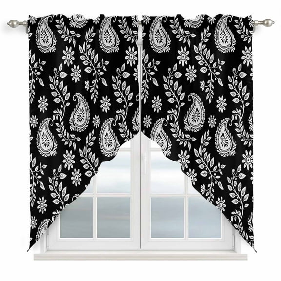 Black Paisley Swag Curtains for Kitchen/Bedroom/Living Room, Ethnic Vintage Floral Botanical Abstract Scalloped Curtains 63 Inch Long, Window Swag Topper Curtains Valances 2 Panels Set 36"x63"