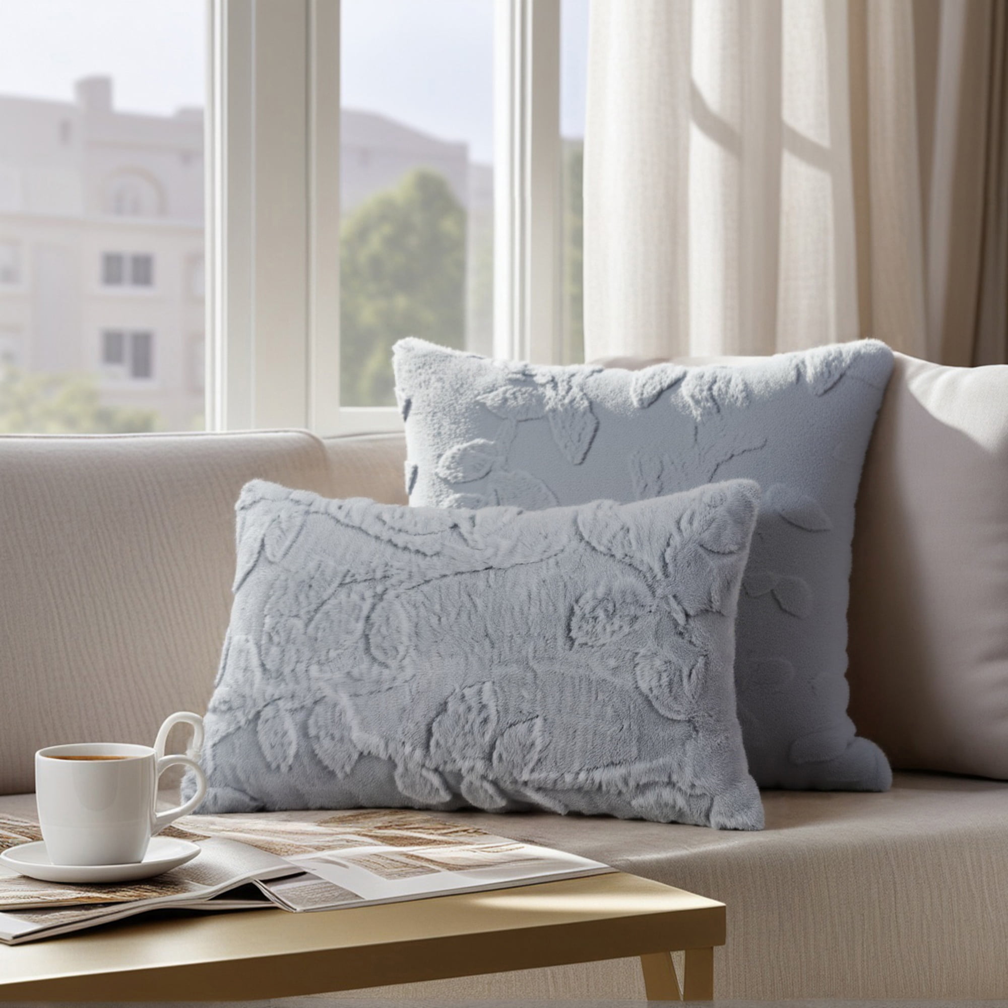 Unique Bargains Pack of 2 Leaf Jacquard Plush Pillow Covers for Bedroom 18" x 18" Grey