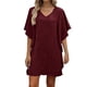 thumbnail image 1 of Mujeres manga corta vestidos de verano cuello en V sólido Batwing manga suelta cambio longitud de rodilla casual cómodo vestido corto de manga larga para mujeres, 1 of 6