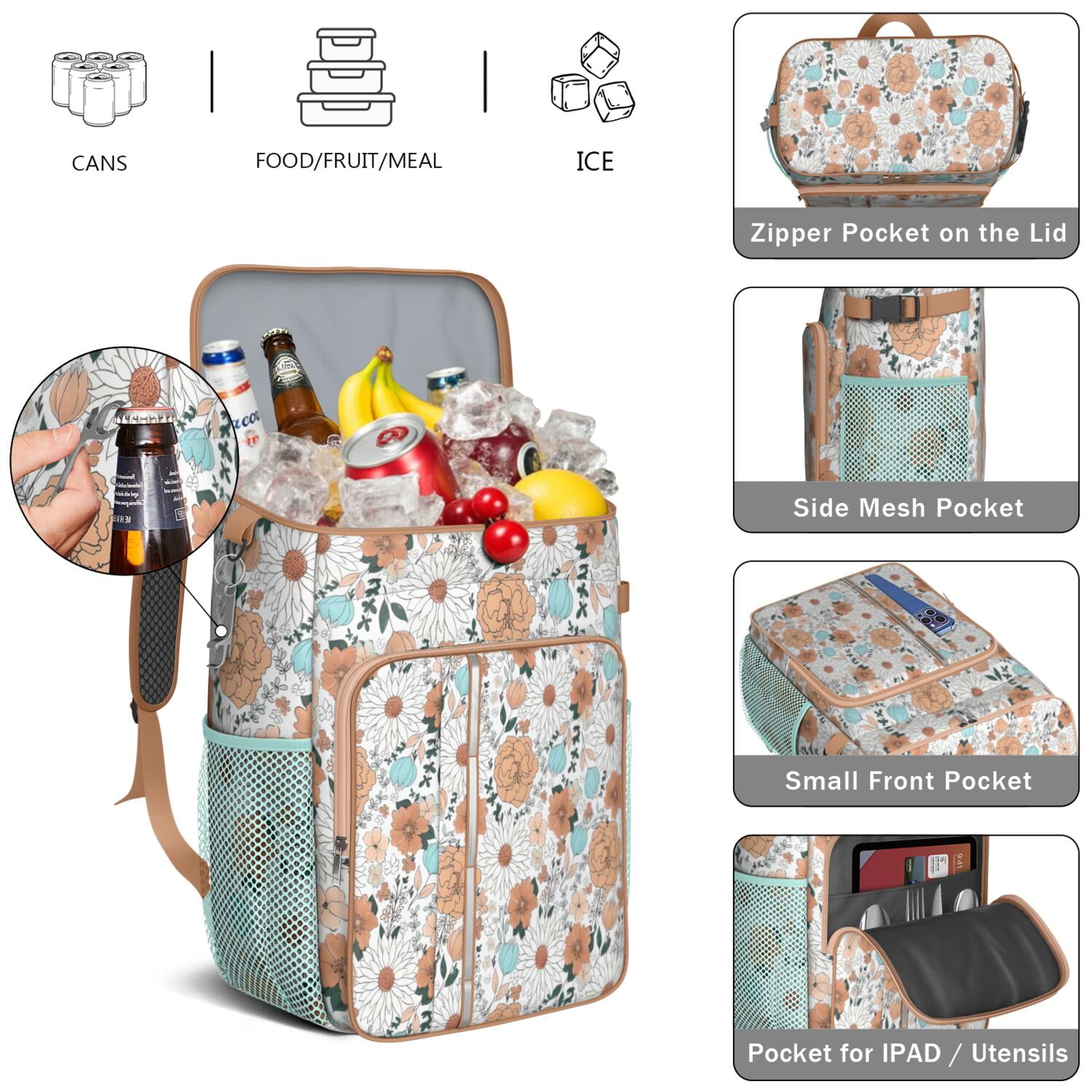 Travel Cooler Bag - Pioneer Flower Floral Print Pattern Camping Beer Cooler Backpack with Bottle Opener- Waterproof Insulated Picnic Backpacks - Cooler Bag for Beach