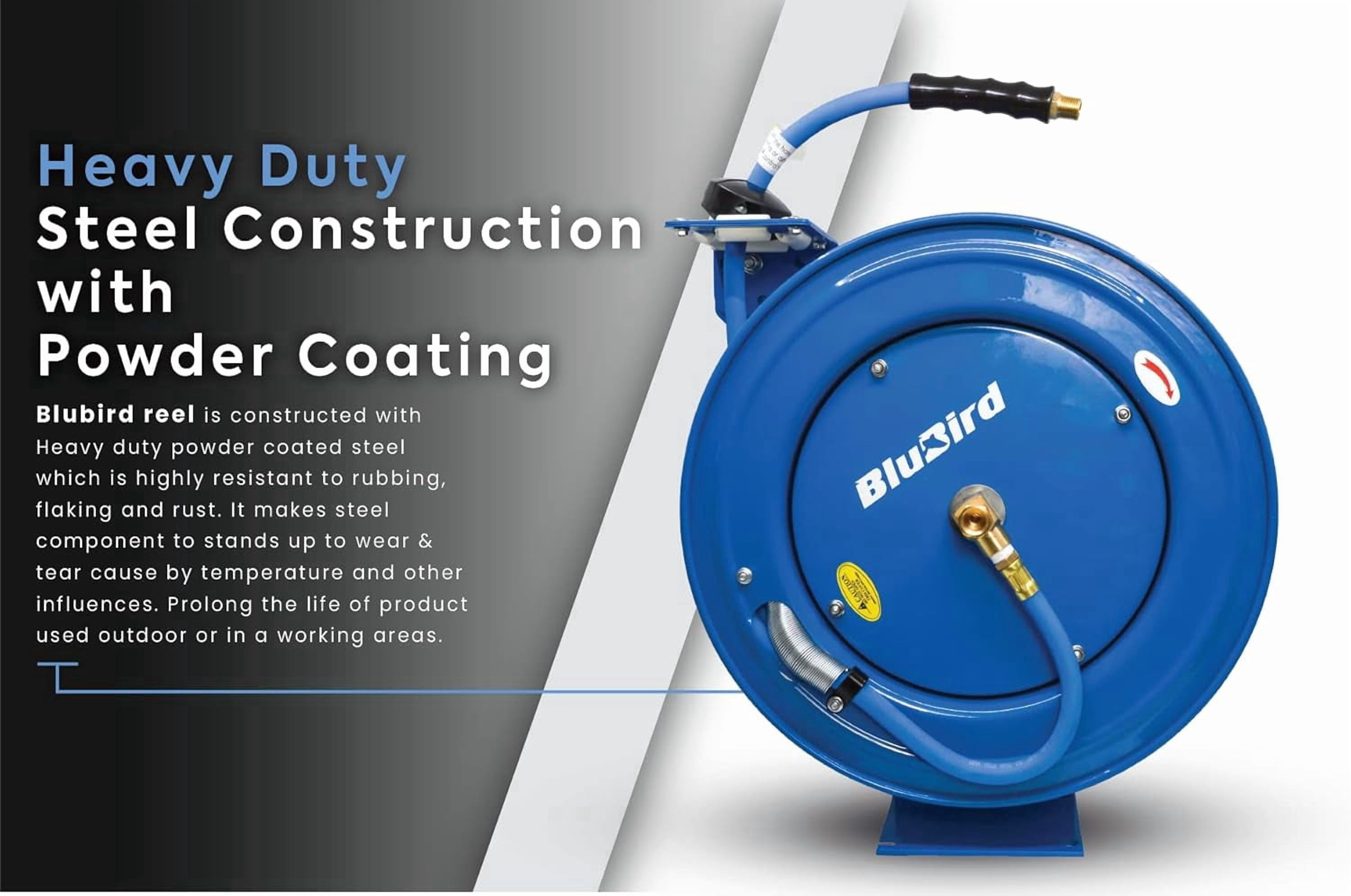 BLUBIRD BBRHD1250 18ga. Retractable Hose Reel with 1/2" X 50' Air Hose, 12 Point Ratcheting Gear, Next-Gen Rubber, Lightest, Strongest, Most Flexible, 300 PSI, -50F to 190F Degrees, Polyester Braided