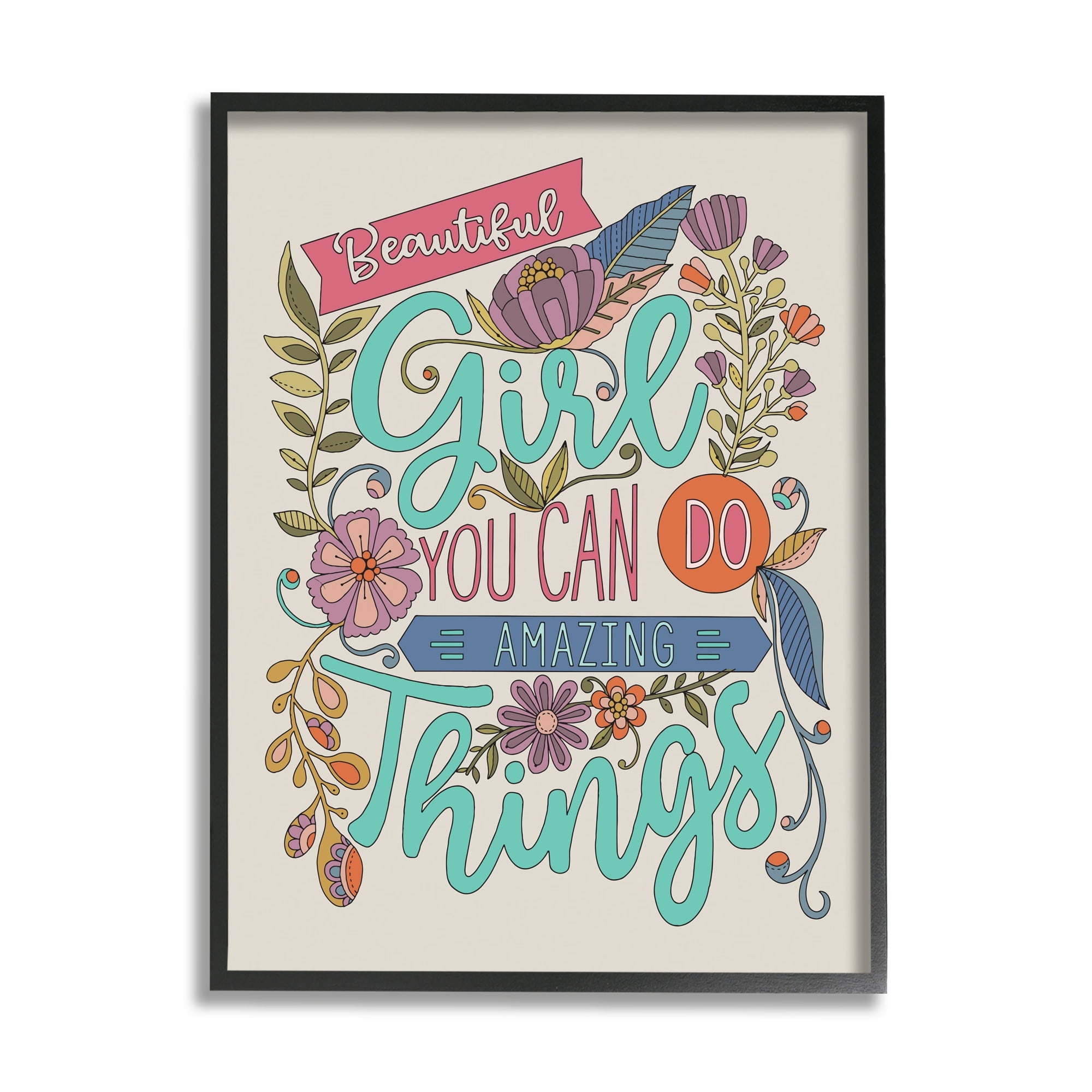 Stupell Industries Girl Power Fun Motivational Intricate Floral Pattern Graphic Art Black Framed Art Print Wall Art, Design by Valentina Harper
