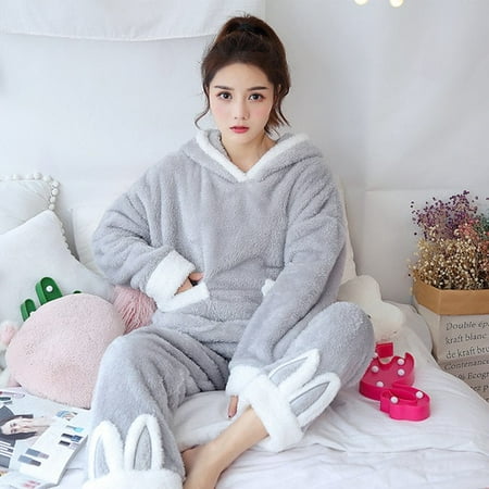 

DanceeMangoo WAVMIT Winter New Womens Flannel Hooded Long Sleeve Pajamas Set Cute Leisure Women Sleepwear Set Gold Velvet Pyjamas Homewear