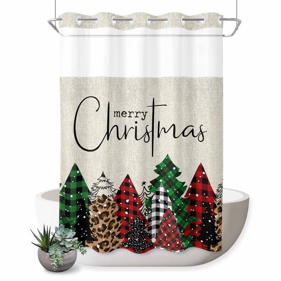 No Hook Shower Curtain with Built-in Rings-Merry Christmas Washable Waterproof Fabric Bathroom Curtains for Hotel, 72 X 84 Inch Extra Long, Buffalo Plaid Xmas Tree Winter Forest Farmhouse Red Green