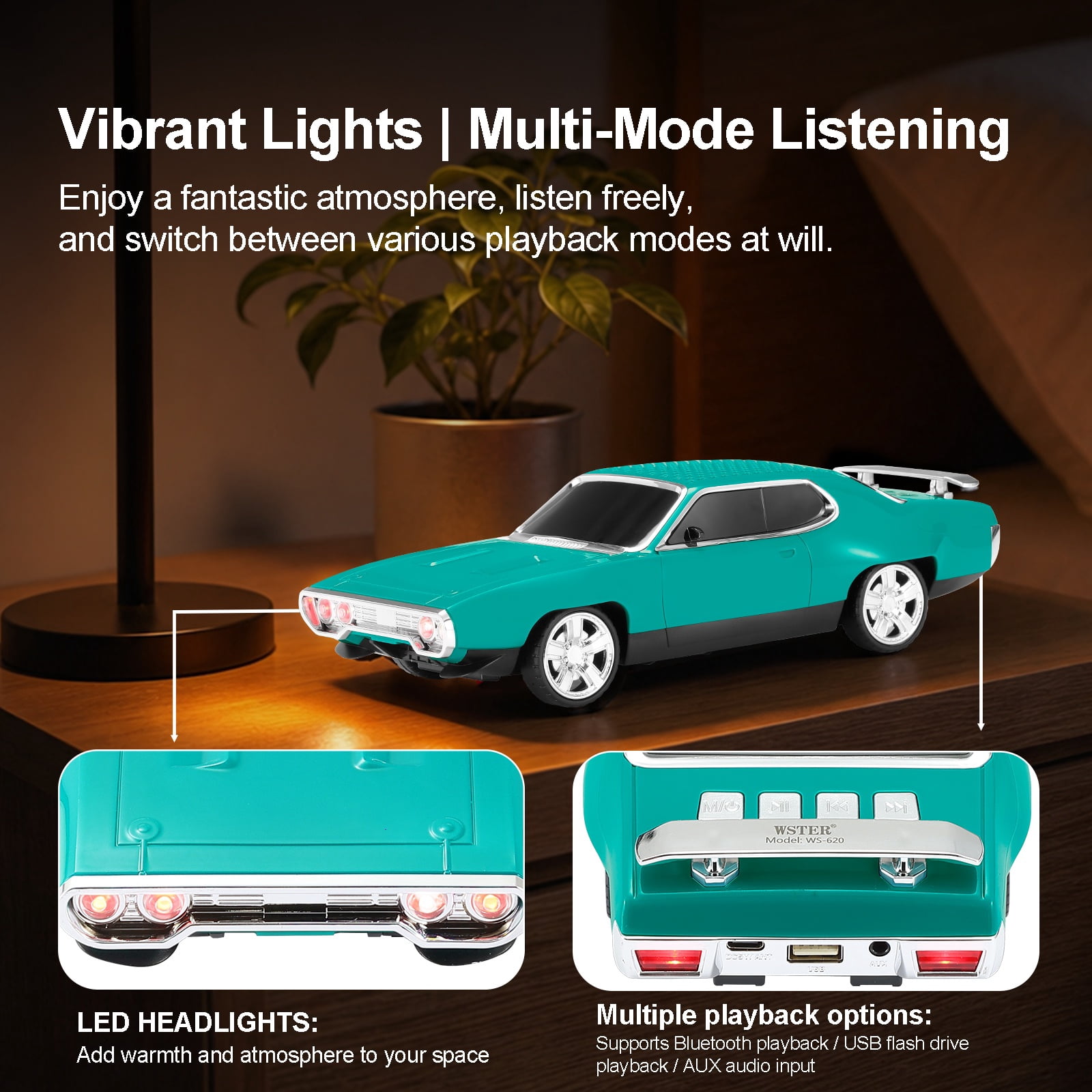 WSTER WS-620 Retro Muscle Car Portable Bluetooth Speaker, 2*5W Heavy Bass Wireless Speaker, Bluetooth 5.4, TWS Pairing, FM Radio, TF/USB, Hands-Free Call,The perfect gift for family and friends