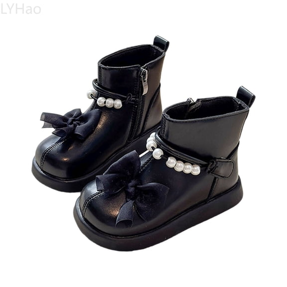 LYHao Girls Boots With Side Zipper Chiffon Bowknot And Pearl Stylish Shoes For Autumn ,Girls Boots Sizes 8.5 Black(2-2.5 Years)