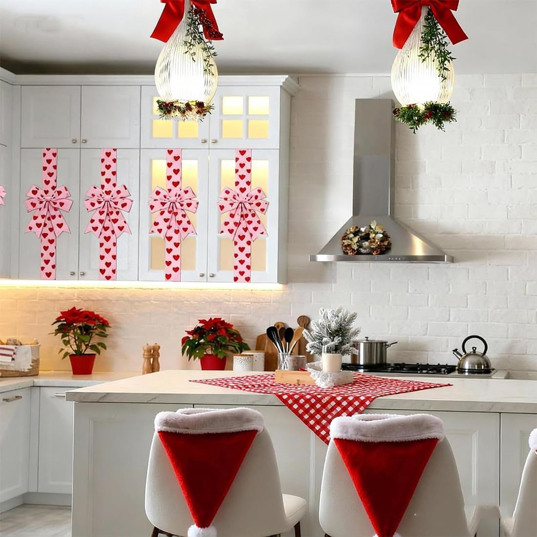 4 Pcs Valentines Cabinet Bows, Valentines Day Cabinet Decor, Red Hearts Door Bows Decorations for Window & Kitchen Decorations