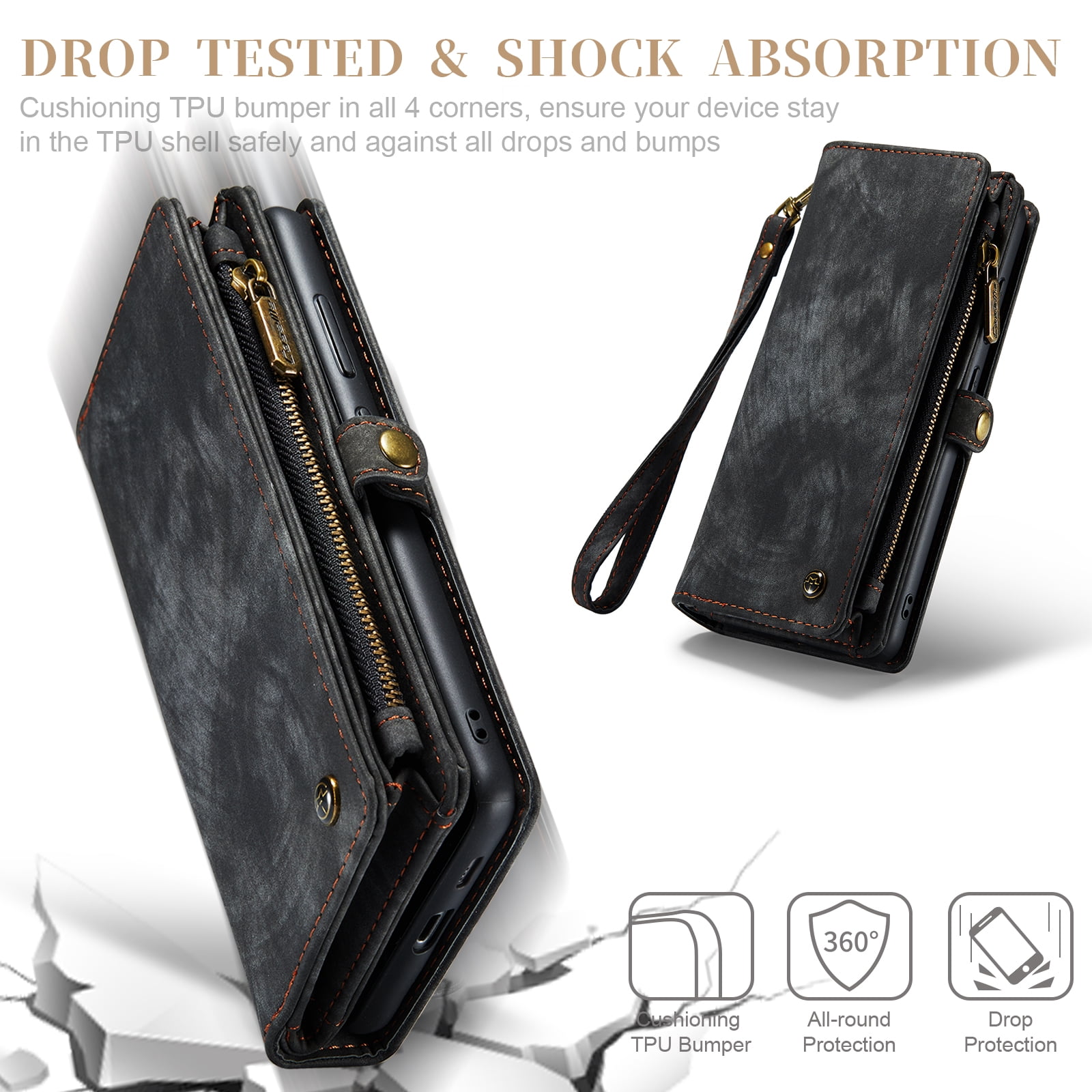 Allytech Magnetic Detachable Wallet Case for Samsung Galaxy A16 5G with Card Slots & Zipper Pocket, Support Wireless Charging, PU Leather Wrist Strap Shockproof Full Protection Flip Case, Black