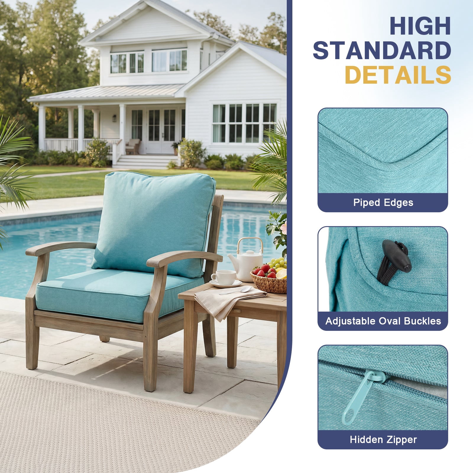 Aoodor 23 x 25 Inch Outdoor Seat Cushion, Water-Resistant & Fade Resistant Deep Seat and Back Cushion with Removable Cover for Patio Furniture Chair, Sofa and Couch, Caribbean Turquoise