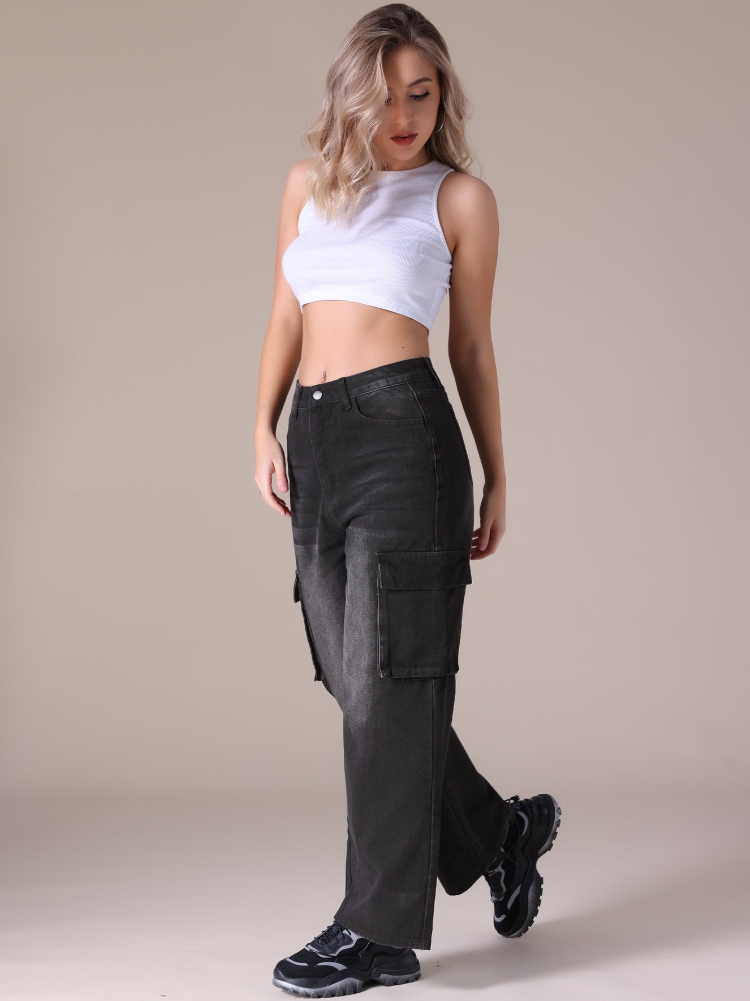 Unique Bargains Women's High Waisted Casual Wide Leg Baggy Denim Pants XL Black