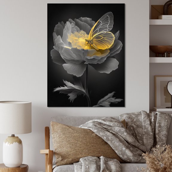 DESIGN ART Designart "Grey Flower Blooming Butterflies" Floral Canvas Art Print 24 in. wide x 32 in. high